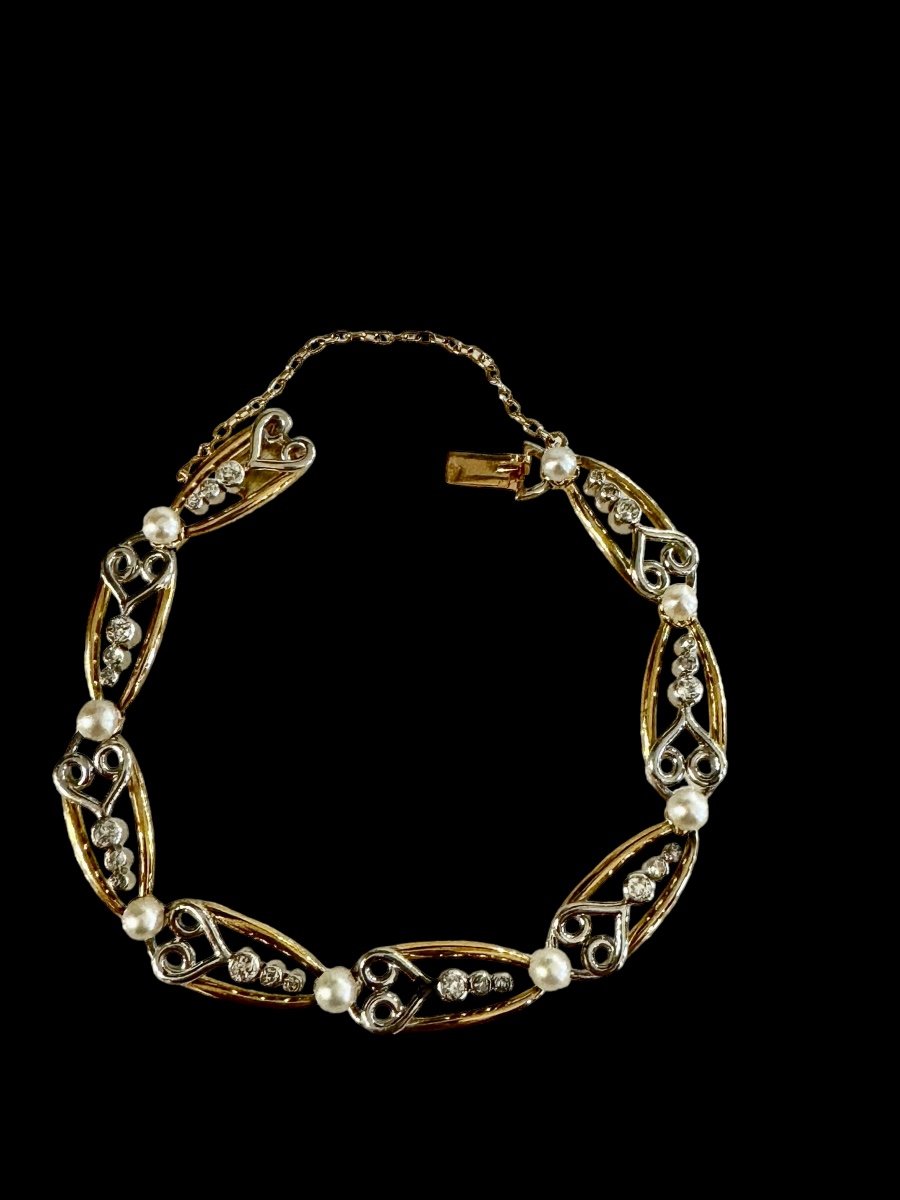 Gold, Platinum, Diamonds And Fine Pearls Bracelet-photo-4