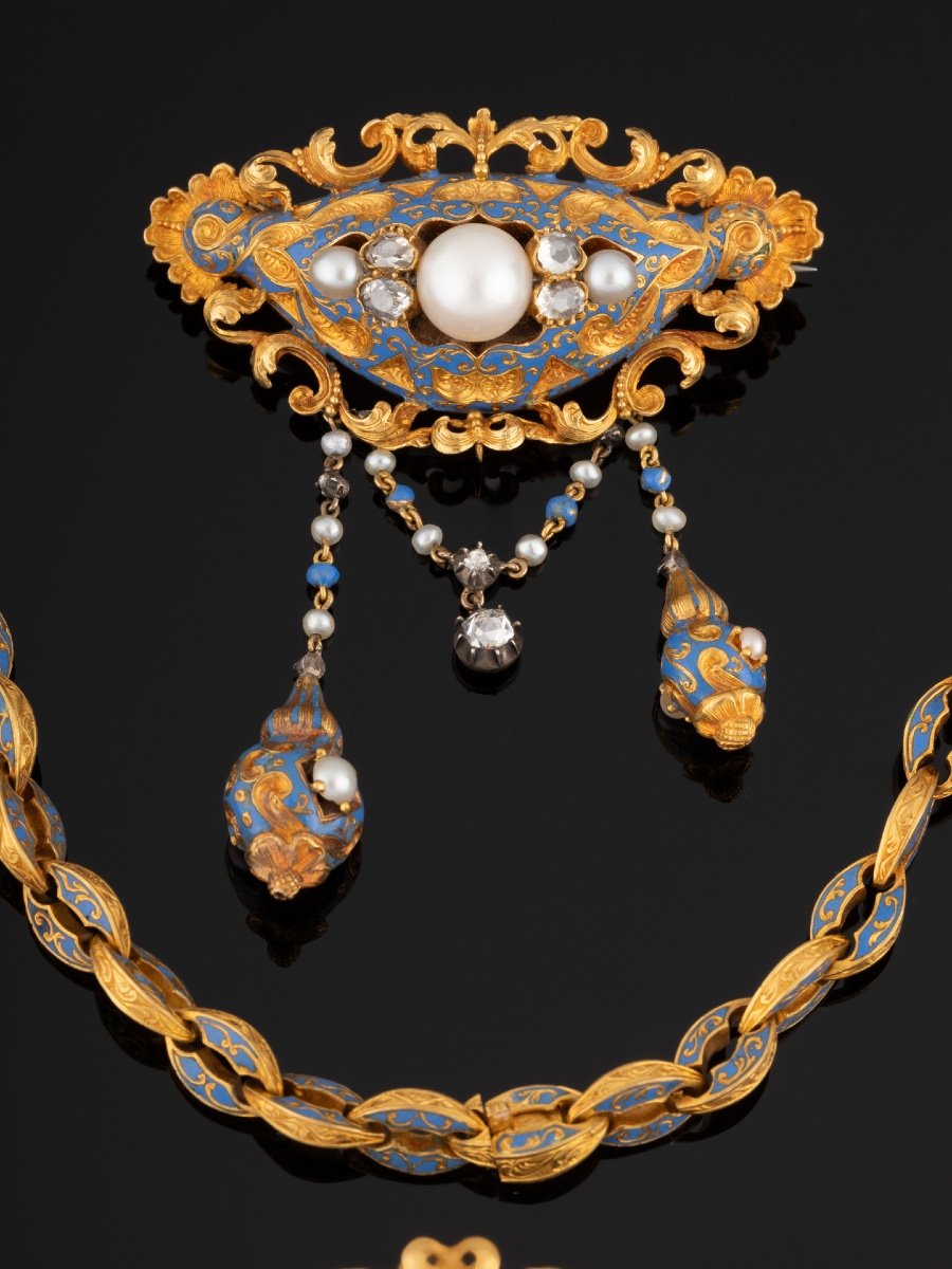 Parure In Gold, Enamel, Pearls And Diamonds, Louis Philippe Period-photo-4