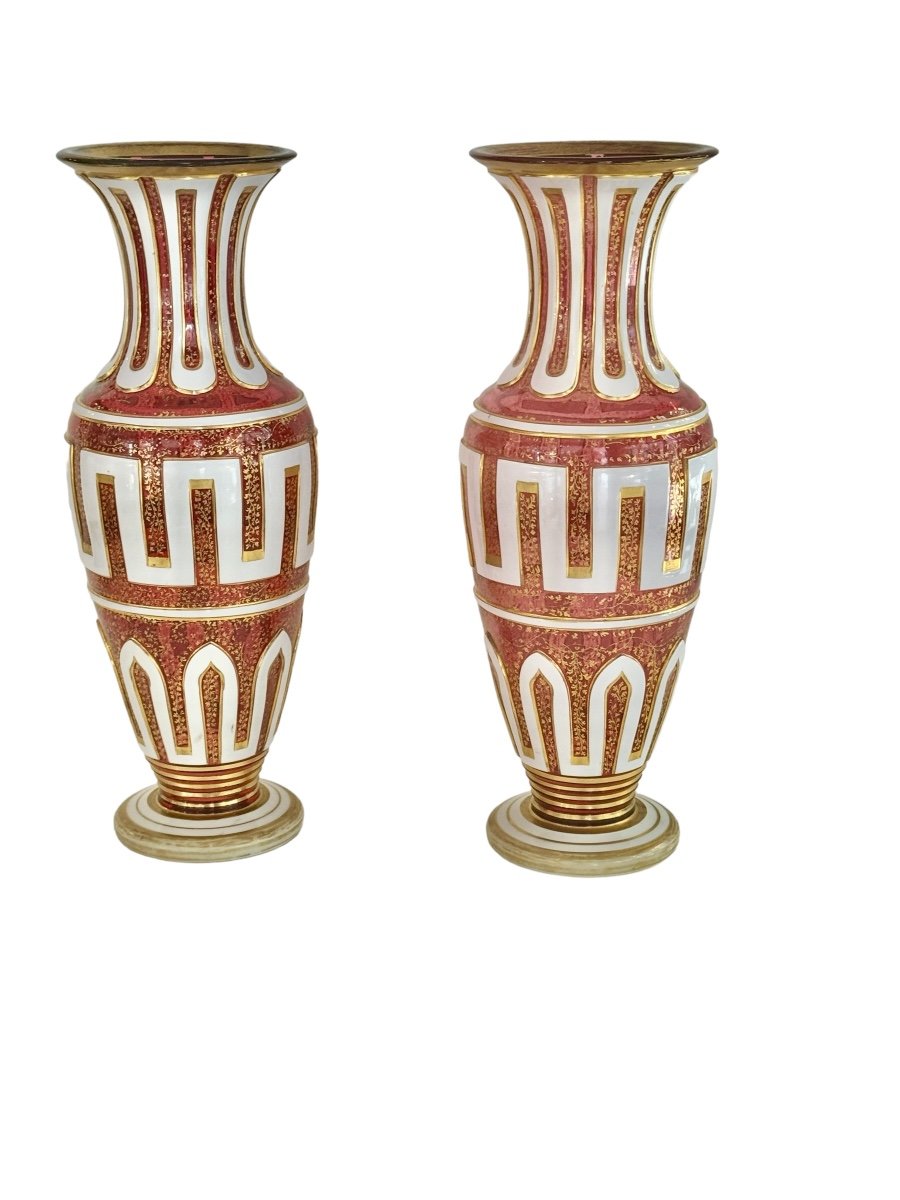 Pair Of Ruby Overlay Vases, Bohemia 19th Century