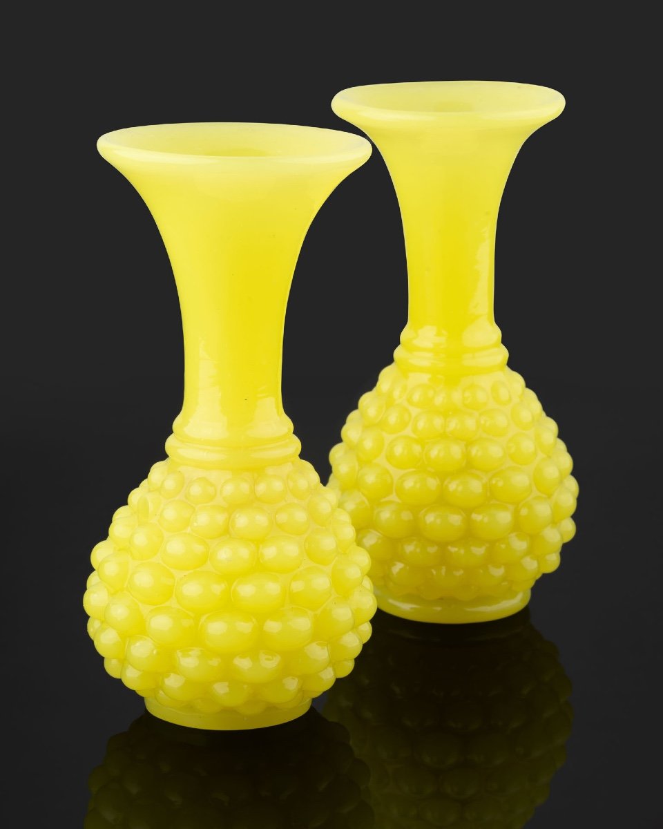 Pair Of Yellow Opaline Vases From Baccarat Crystal Factory-photo-2