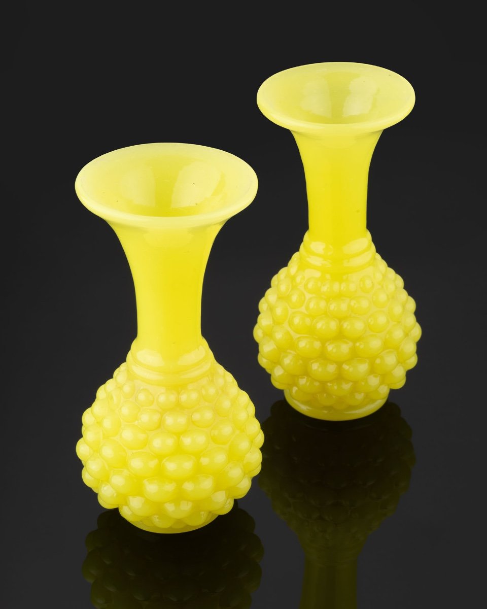 Pair Of Yellow Opaline Vases From Baccarat Crystal Factory-photo-3