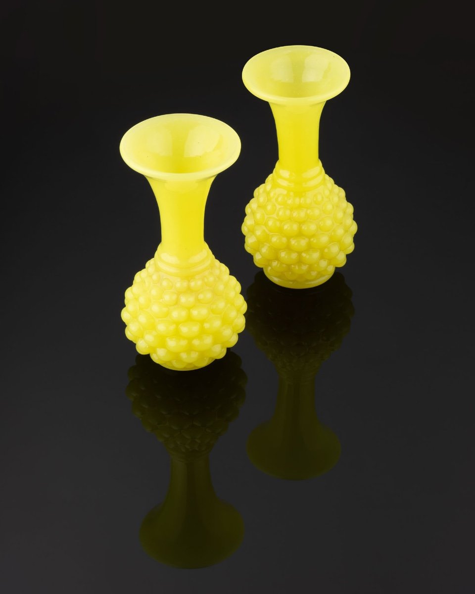 Pair Of Yellow Opaline Vases From Baccarat Crystal Factory-photo-4