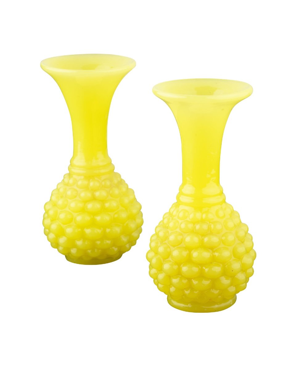 Pair Of Yellow Opaline Vases From Baccarat Crystal Factory-photo-2