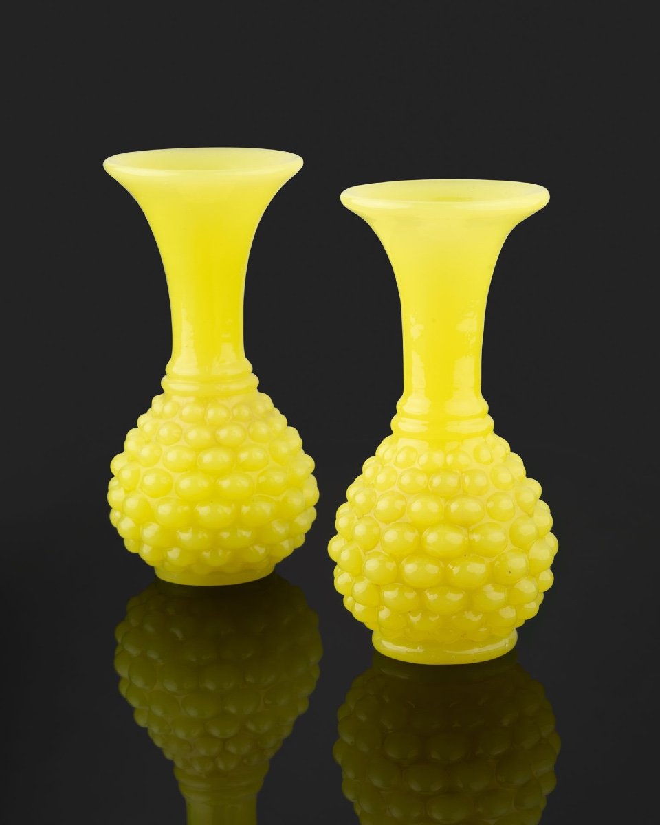 Pair Of Yellow Opaline Vases From Baccarat Crystal Factory