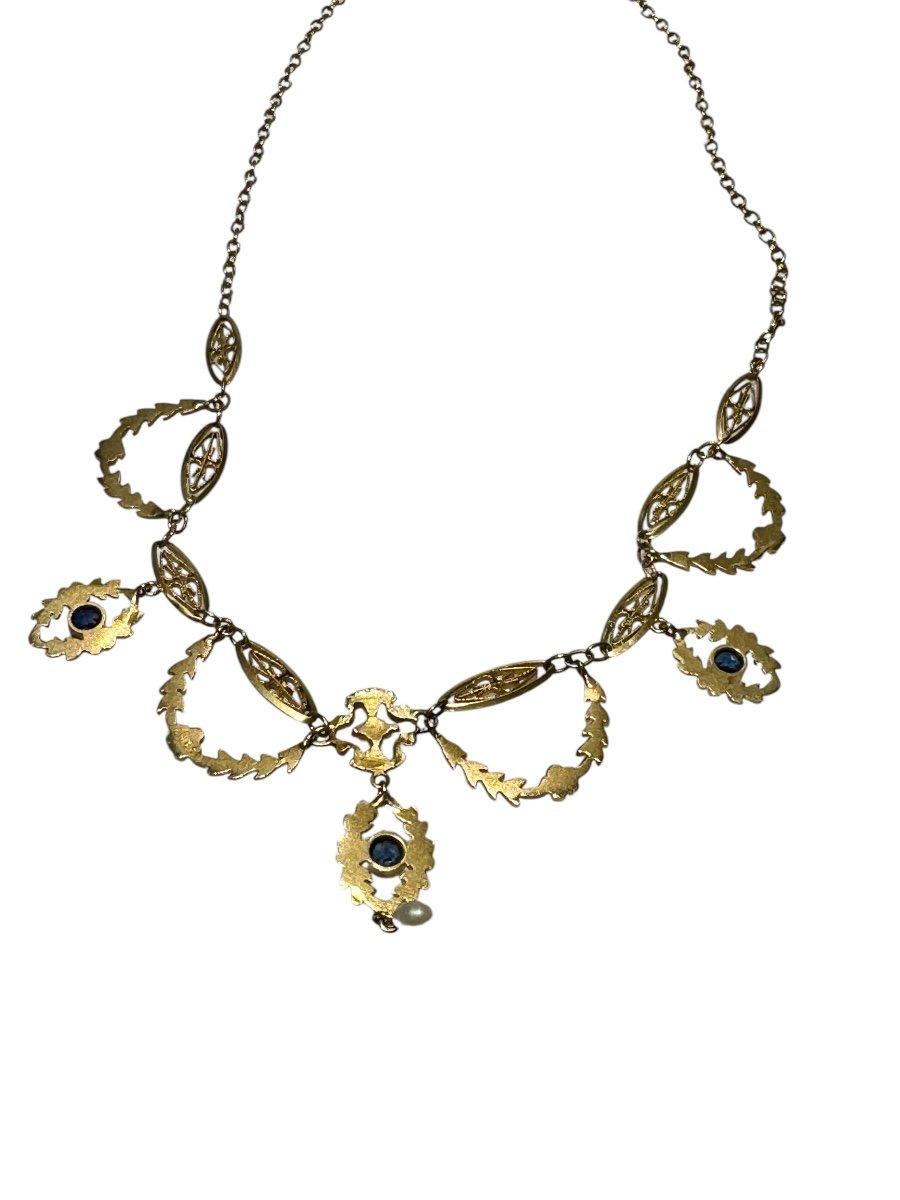 Art Nouveau Necklace In Gold, Sapphires And Natural Pearl-photo-2