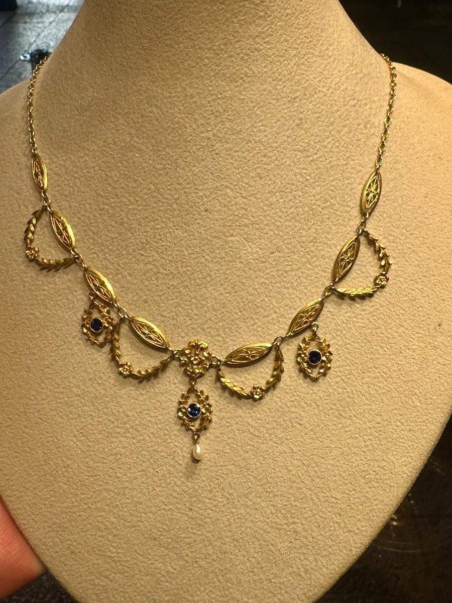 Art Nouveau Necklace In Gold, Sapphires And Natural Pearl-photo-4