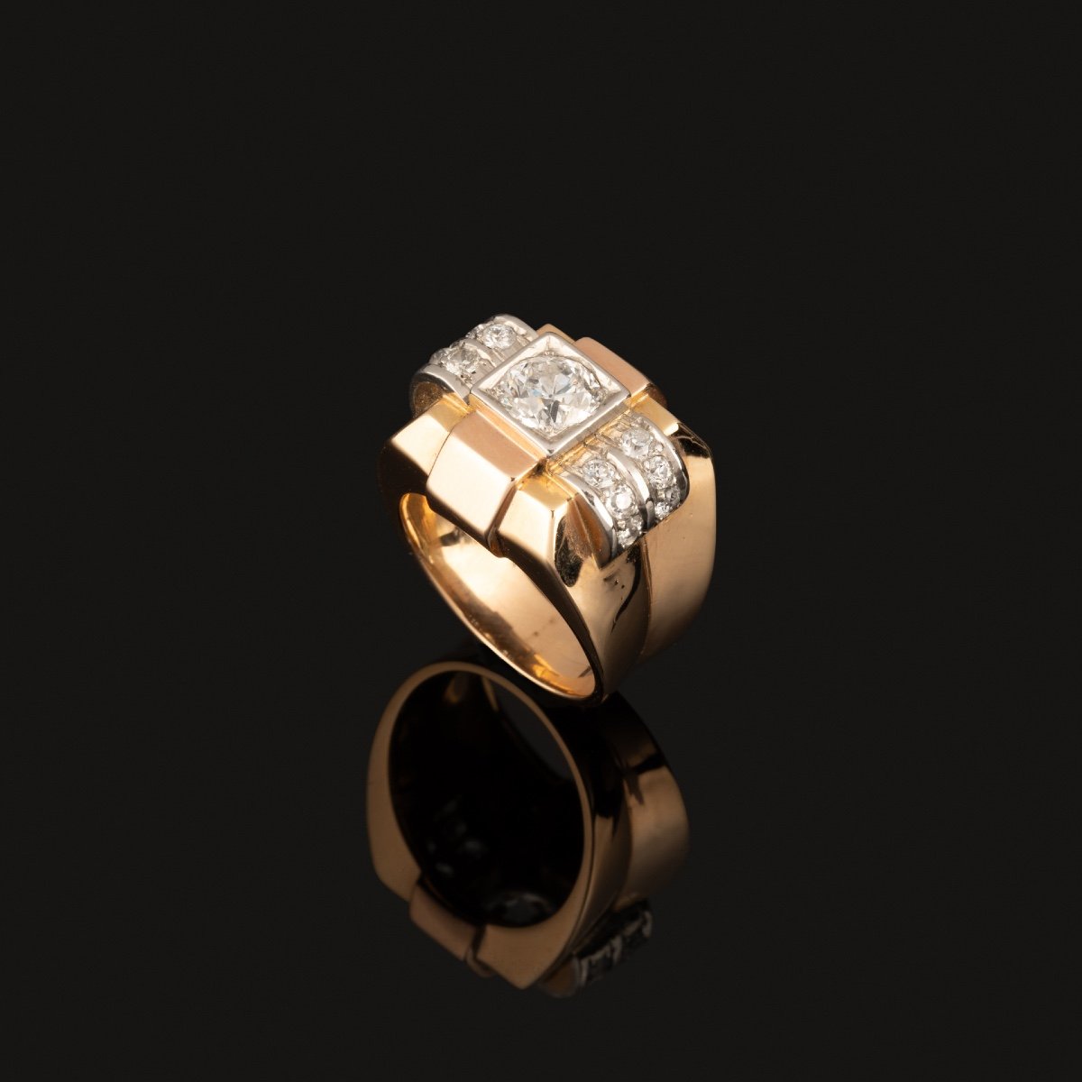 Tank Ring In Gold, Platinum And Diamonds