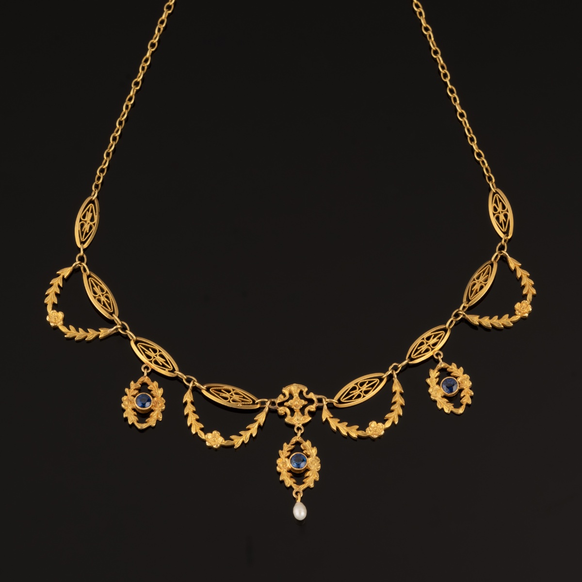 Gold, Sapphire And Fine Pearl Garland Necklace-photo-4