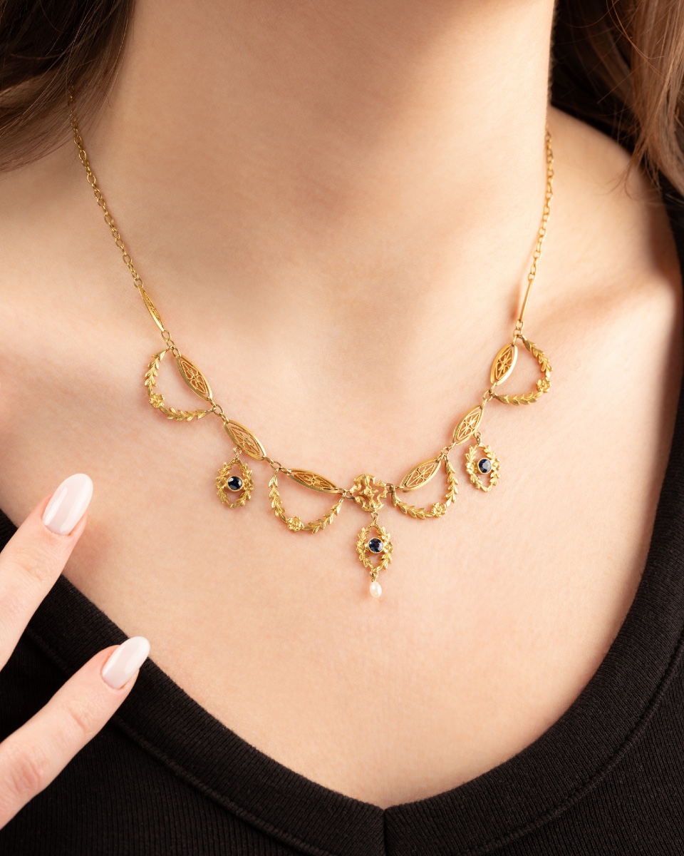 Gold, Sapphire And Fine Pearl Garland Necklace