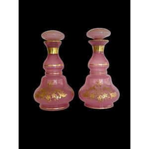 Pair Of Large Bottles In Pink  Cristal Opaline