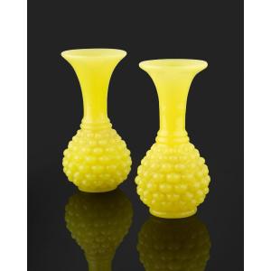 Pair Of Yellow Opaline Vases From Baccarat Crystal Factory