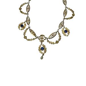 Collier Art-nouveau En Or, Saphirs Et Perle Fine