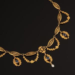 Art Nouveau Necklace In Gold, Sapphires And Natural Pearl