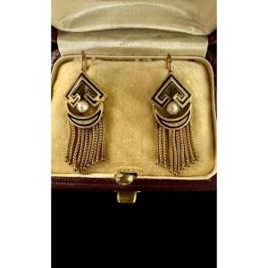 Pair Of Gold, Enamel And Pearl Drop Earrings