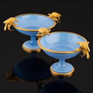 Pair Of Ornamental Opaline And Bronze Cups