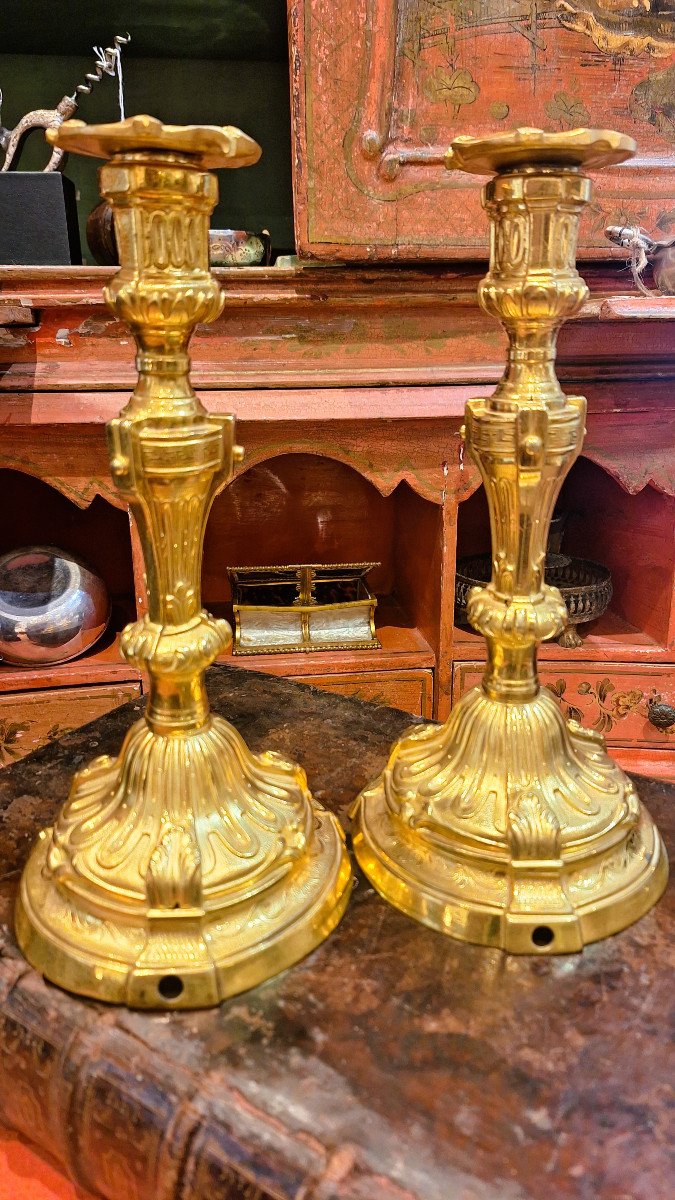 Pair Of 19th Century Gilt Bronze Candlesticks-photo-2