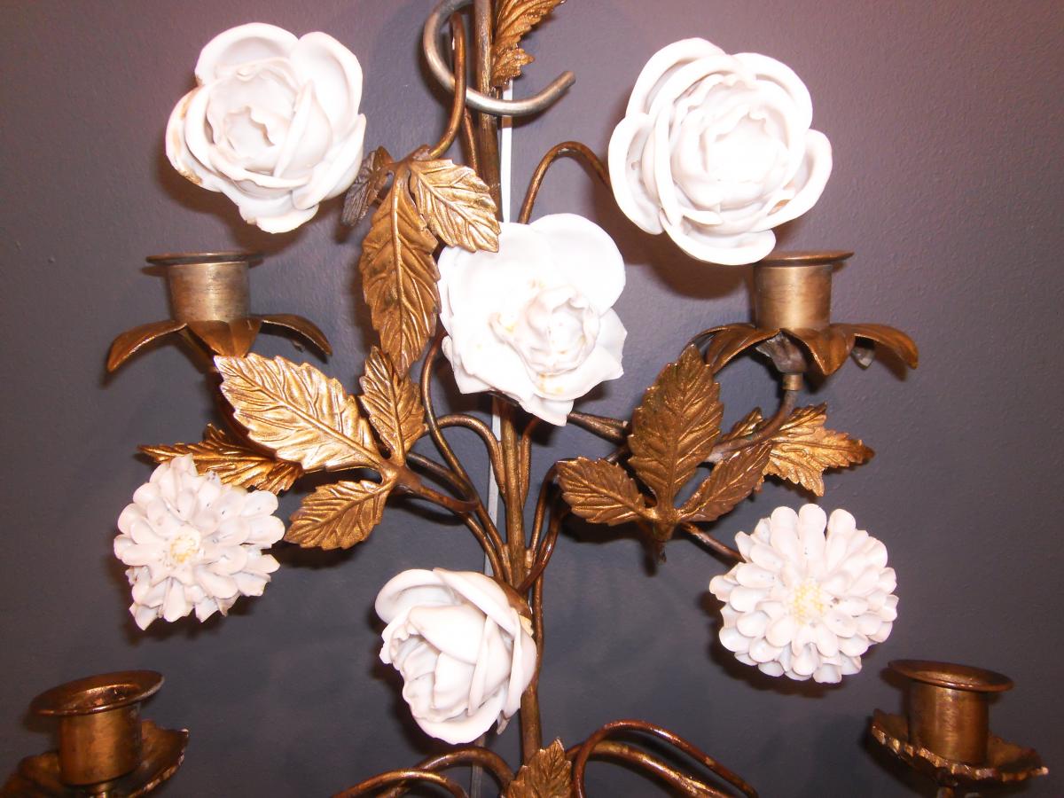 Wall Lamp In Gilt Bronze And Porcelain-photo-2