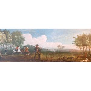 Huile Sur Toile Scène De Chasse XVIIIème