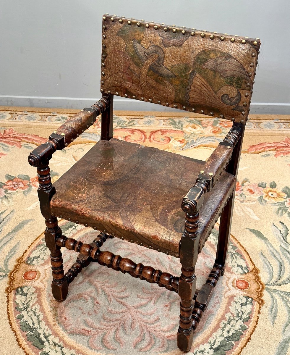Chaise A Bras Cuir De Cordoue d'Epoque Louis XIII XVIIeme-photo-1