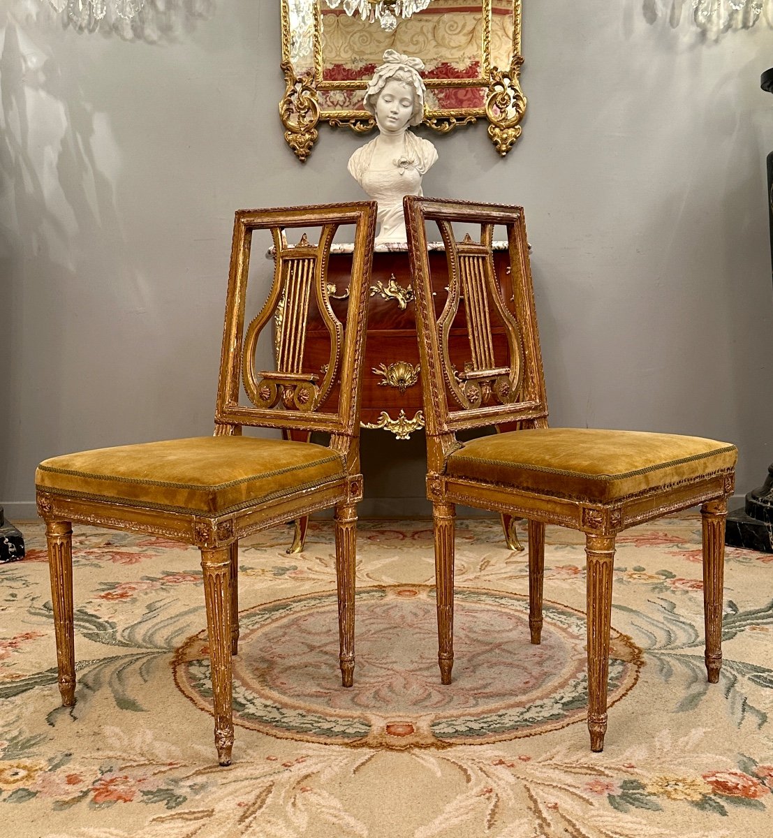 Georges Jacob (attributed To), Pair Of Lyre Chairs In Golden Wood, Louis XVI Period Around 1780-photo-2