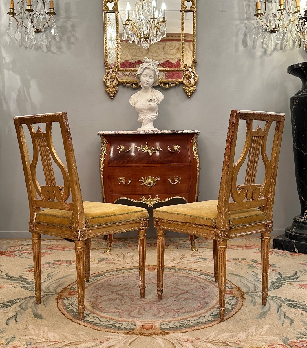 Georges Jacob (attributed To), Pair Of Lyre Chairs In Golden Wood, Louis XVI Period Around 1780-photo-2