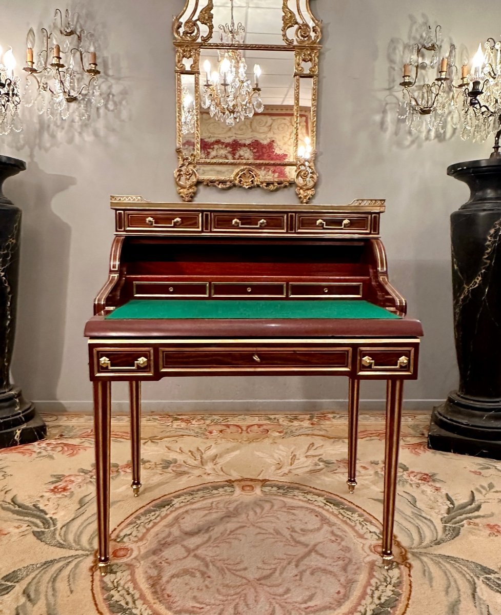 Petit Bureau A Cylindre En Acajou Flammé De Style Louis XVI Epoque XIXeme-photo-4