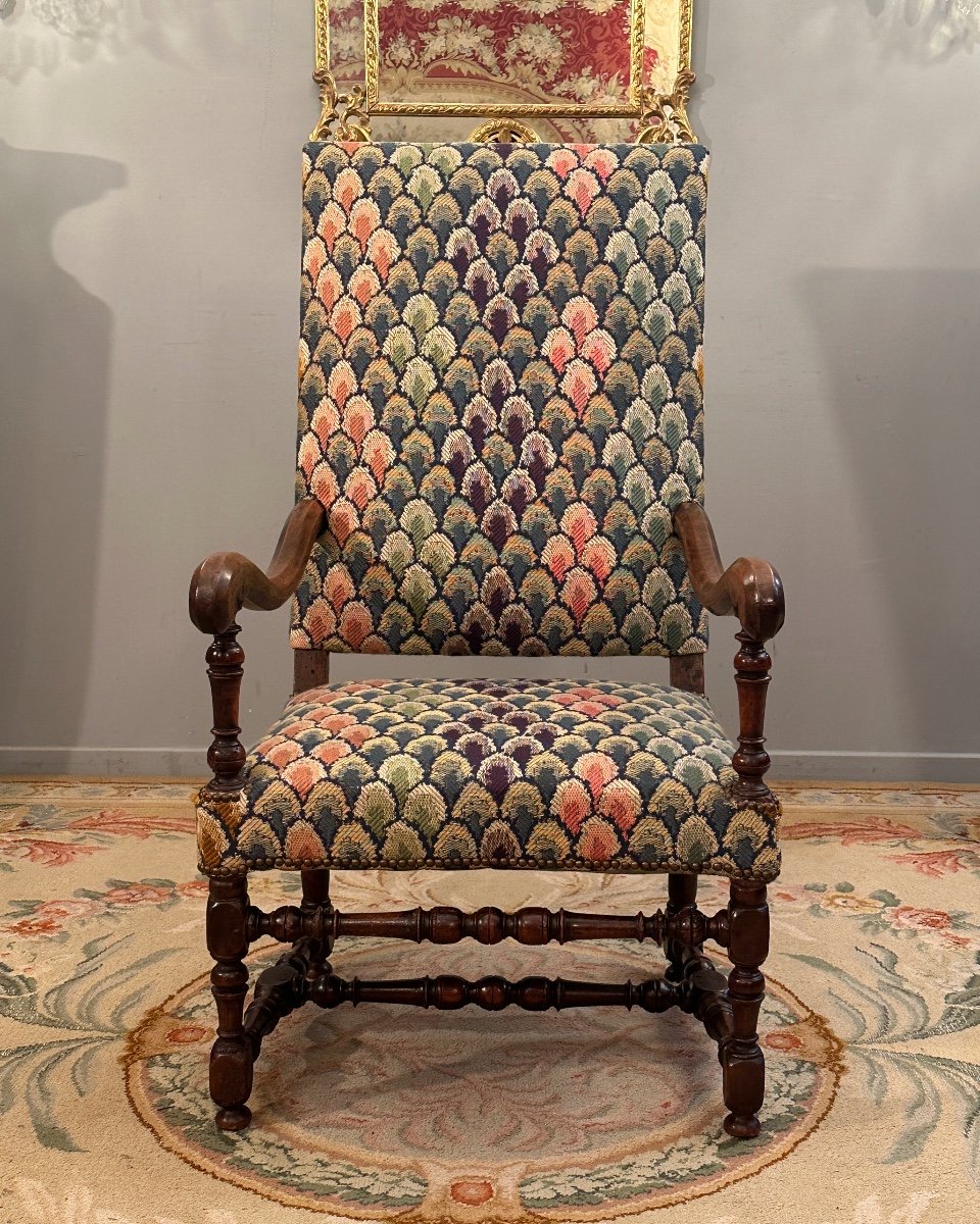 Fauteuil A Dossier Plat En Noyer Et Son Repose Pied d'Epoque Louis XIV-photo-3