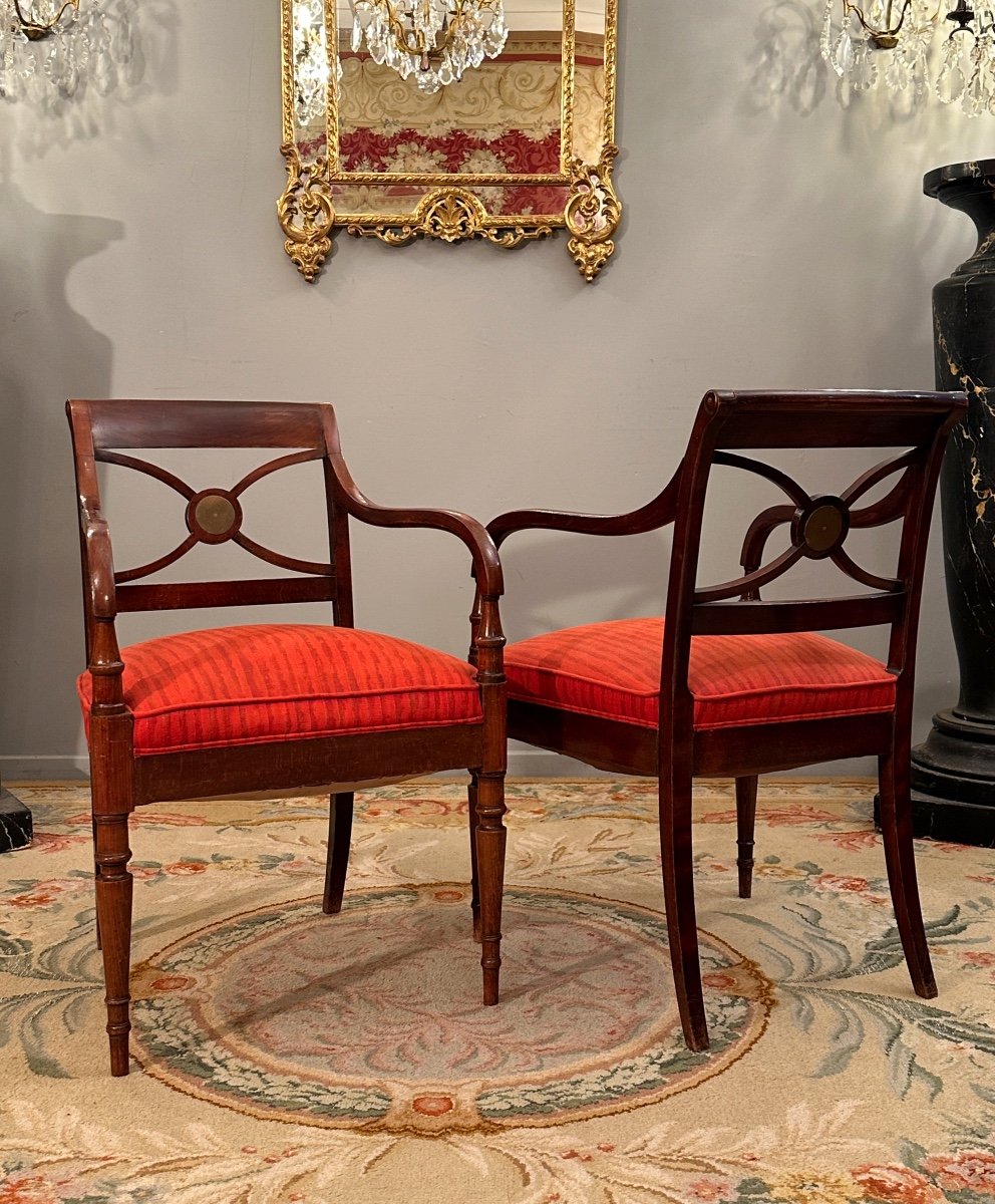 Maurice Hirch Maison Jansen, Pair Of Stamped Mahogany Armchairs, 20th Century-photo-2