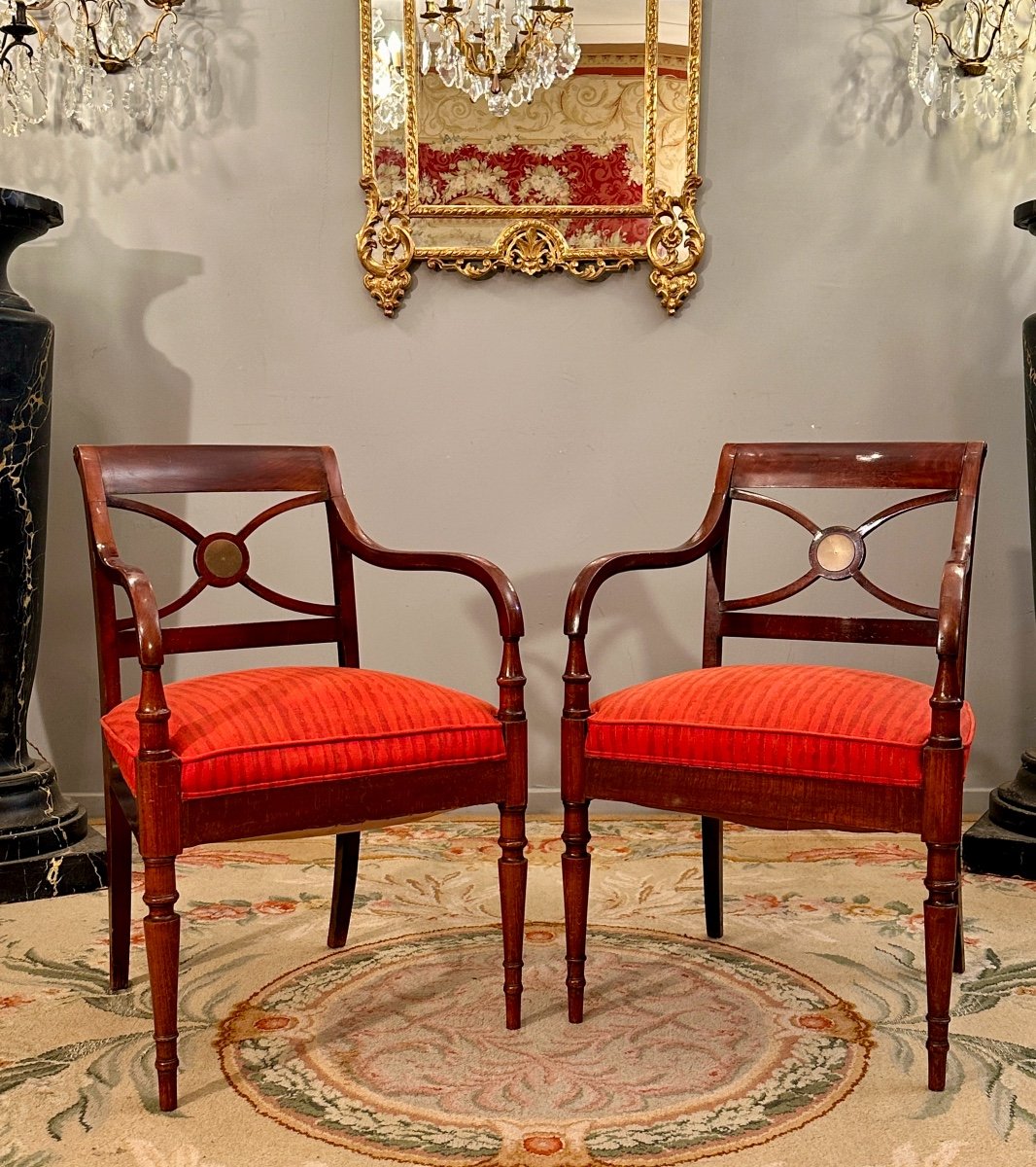 Maurice Hirch Maison Jansen, Pair Of Stamped Mahogany Armchairs, 20th Century