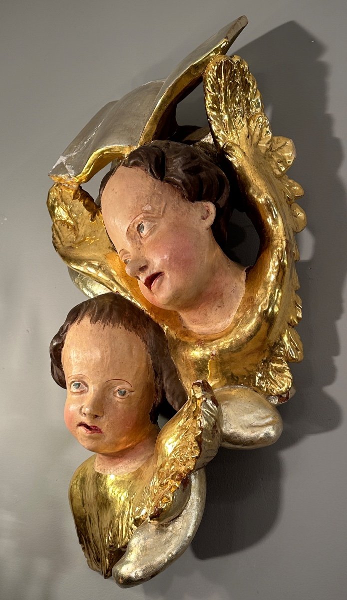 Cherubs In Polychrome Carved Wood From The 18th Century-photo-4