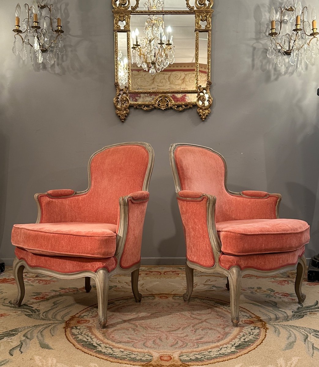 Pair Of Louis XV Style Lacquered Wood Bergeres, 19th Century-photo-2