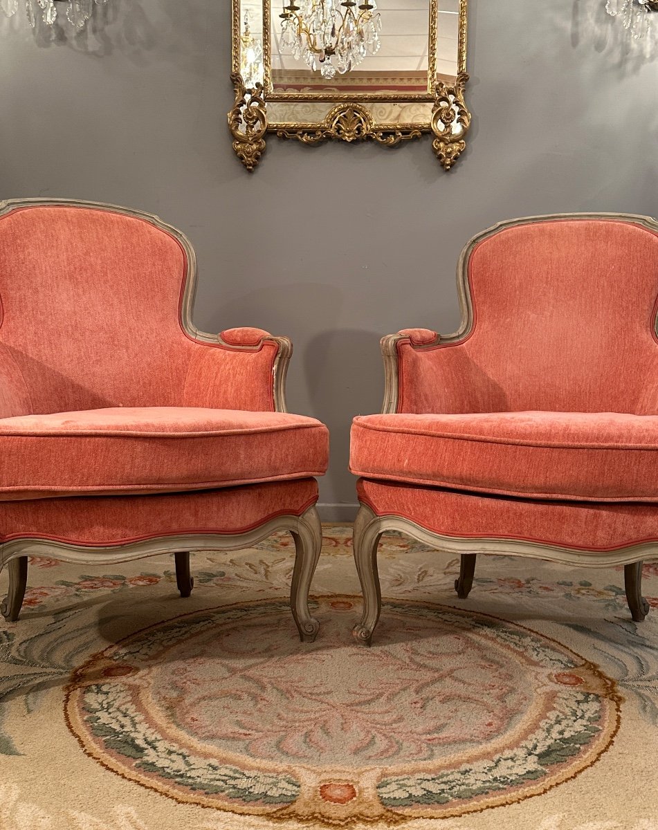 Pair Of Louis XV Style Lacquered Wood Bergeres, 19th Century-photo-1