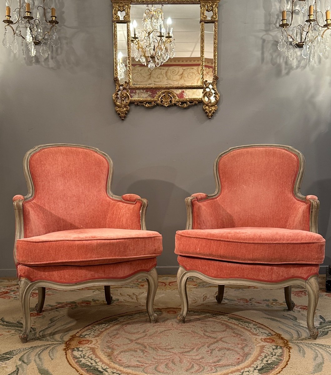 Pair Of Louis XV Style Lacquered Wood Bergeres, 19th Century