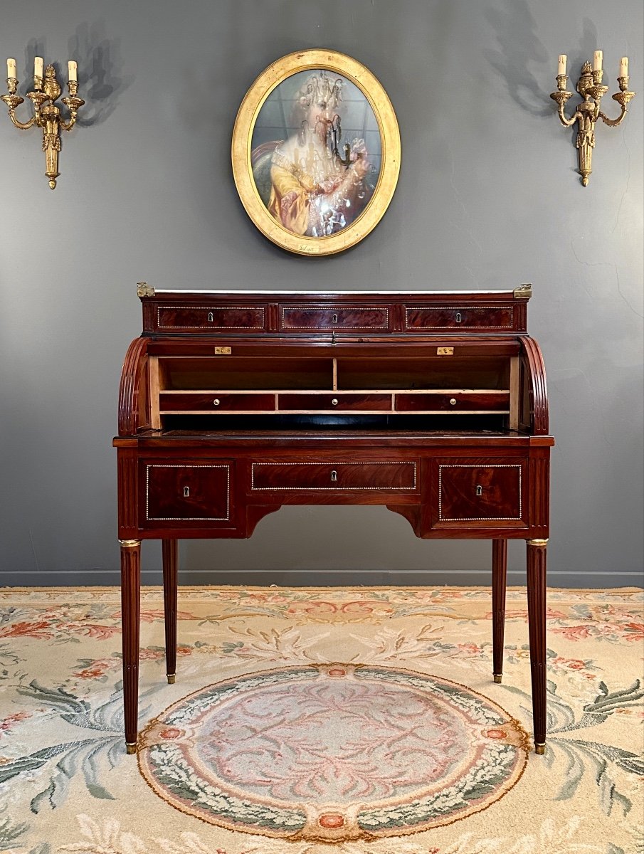 Joseph Viez, Bureau Cylindre Estampillé d'Epoque Louis XVI Vers 1790-photo-3