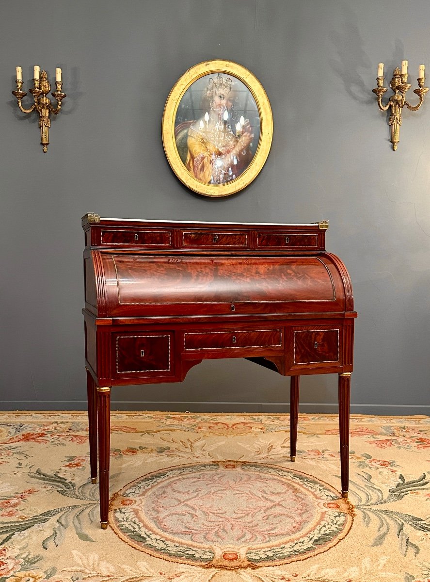 Joseph Viez, Bureau Cylindre Estampillé d'Epoque Louis XVI Vers 1790-photo-2