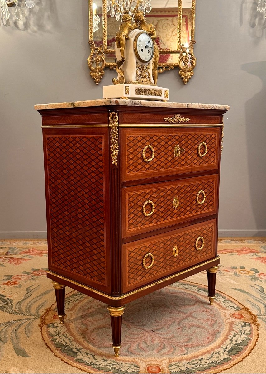 Maison Krieger, Louis XVI Style Marquetry Chest Of Drawers, 19th Century-photo-3