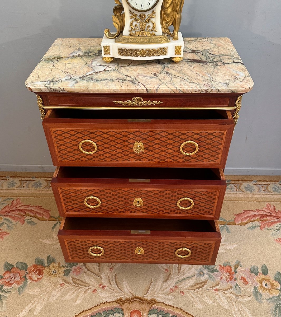 Maison Krieger, Louis XVI Style Marquetry Chest Of Drawers, 19th Century-photo-4