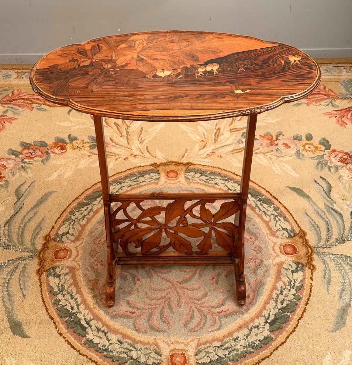 Emile Gallé, Rare Art Nouveau Pedestal Table With Swallows (1846 - 1904)-photo-2