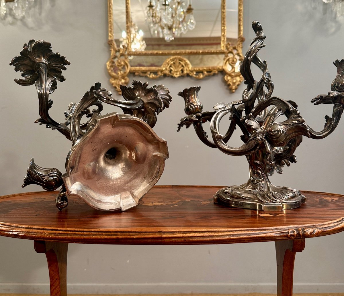 Victor Saglier, Pair Of Rocaille Candelabra In Silvered Bronze (1809-1894)-photo-1