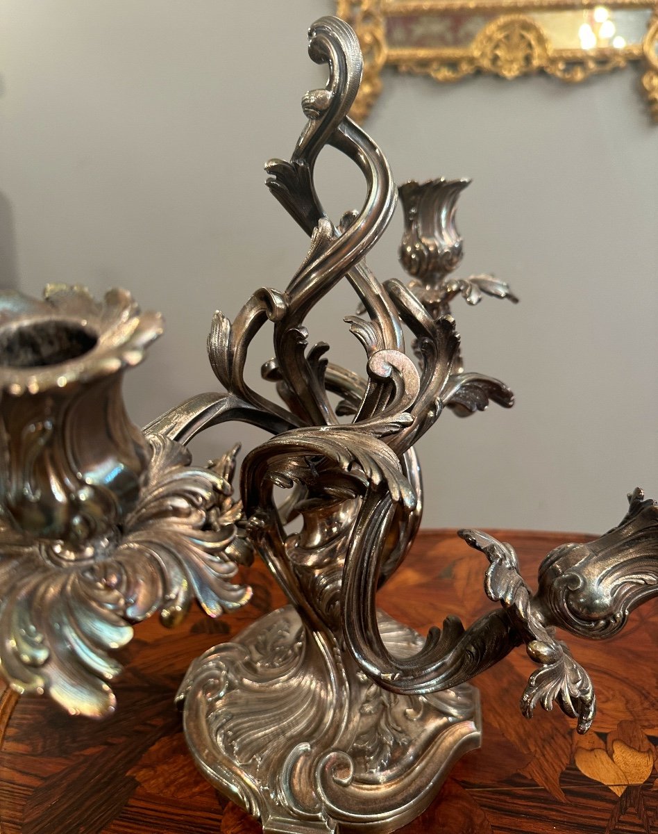 Victor Saglier, Pair Of Rocaille Candelabra In Silvered Bronze (1809-1894)-photo-2