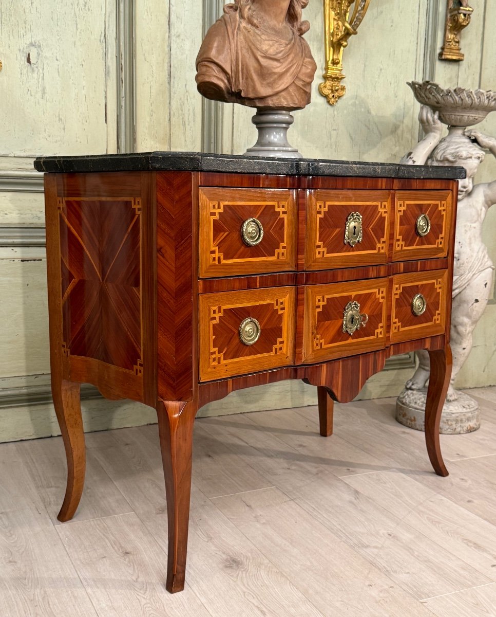 Transition Period Marquetry Sauteuse Chest Of Drawers Circa 1760-photo-3