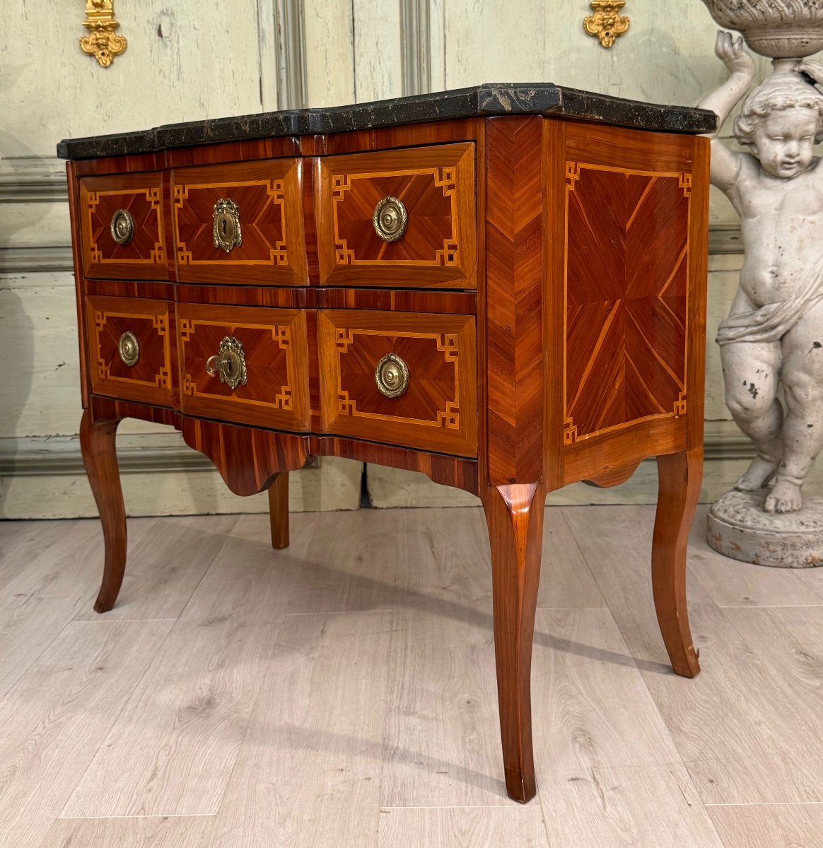 Transition Period Marquetry Sauteuse Chest Of Drawers Circa 1760-photo-1