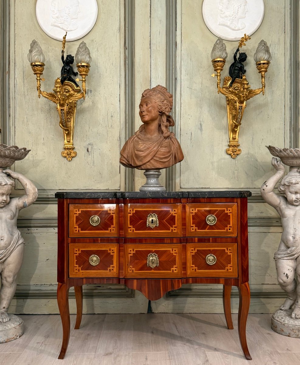 Transition Period Marquetry Sauteuse Chest Of Drawers Circa 1760