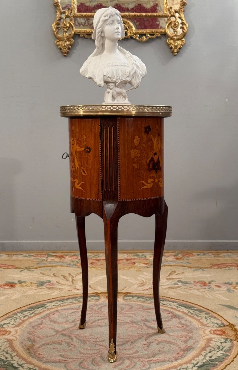 Petite Table De Salon Tambour Marqueterie de Style Transition d'Epoque Napoleon III-photo-1