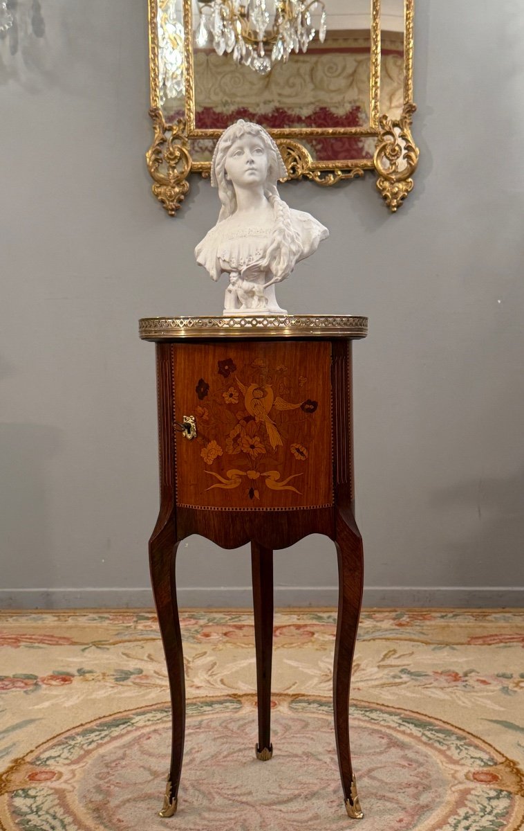 Petite Table De Salon Tambour Marqueterie de Style Transition d'Epoque Napoleon III