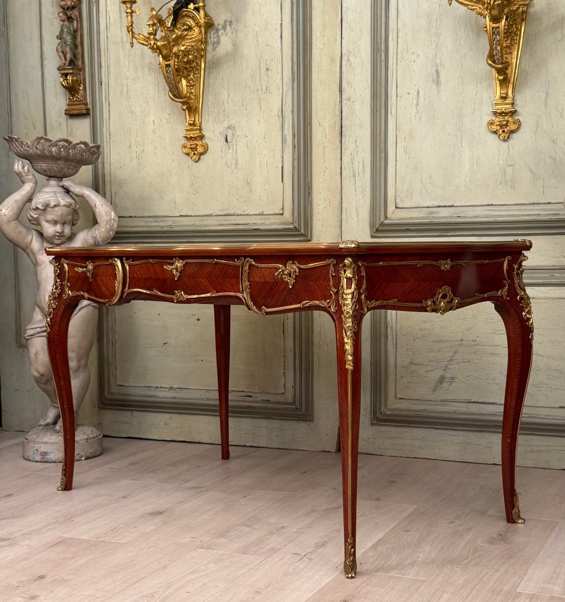 Bureau Plat En Marqueterie De Style Louis XV Travail Du Faubourg Vers 1900-photo-3