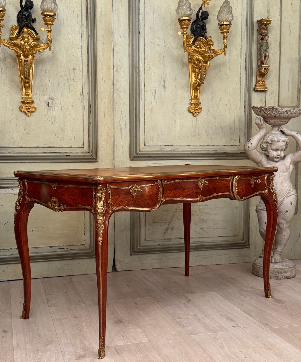 Bureau Plat En Marqueterie De Style Louis XV Travail Du Faubourg Vers 1900-photo-3