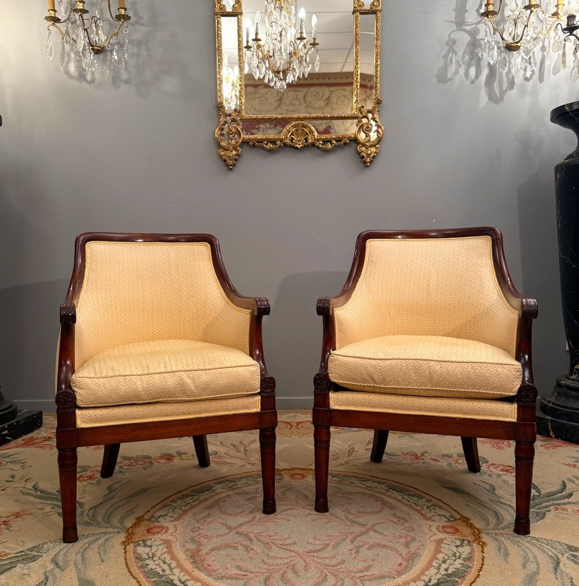 Pair Of Mahogany Officer's Bergeres From The Empire Period, Circa 1810-photo-2