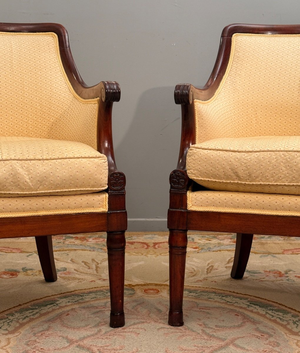 Pair Of Mahogany Officer's Bergeres From The Empire Period, Circa 1810-photo-3