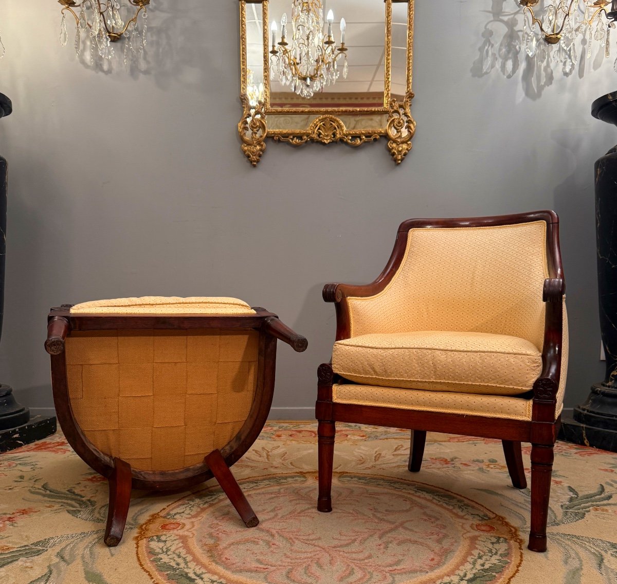 Pair Of Mahogany Officer's Bergeres From The Empire Period, Circa 1810-photo-3